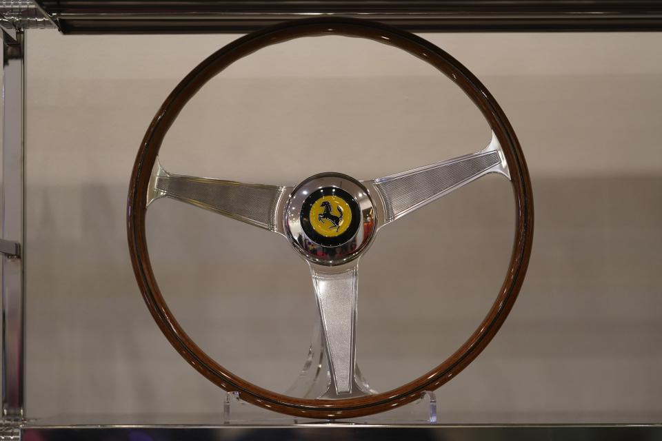 A vintage steering wheel from 1962-1965 in displayed at the Ferrari pop-up boutique at the Bellagio during the Formula One Las Vegas Grand Prix auto race events Wednesday, Nov. 15, 2023, in Las Vegas. (AP Photo/Darron Cummings)