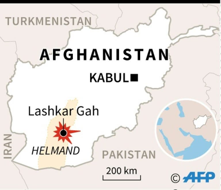 Map locating Lashkar Gah, Afghanistan, where a Taliban suicide attack killed several people on Wednesday