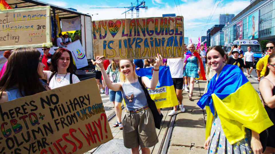 <div class="inline-image__caption"><p>“Ukrainian Is My Love Language”—the Ukrainian delegation in Warsaw's Pride march.</p></div> <div class="inline-image__credit">Courtesy of Randy R. Potts</div>