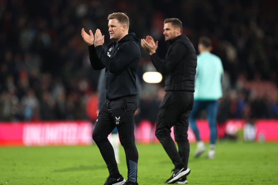 Newcastle boss Eddie Howe applauds the Bournemouth fans (Steven Paston/PA) (PA Wire)