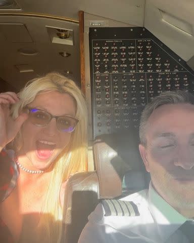 <p>Britney Spears/Instagram</p> Spears trying on the pilot's glasses.