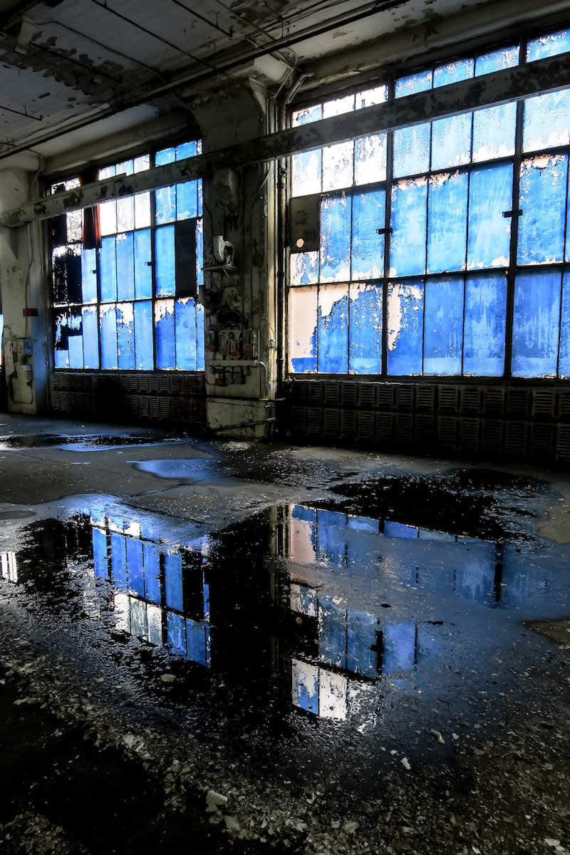 Water leaking into one of the abandoned General Electric factory buildings.