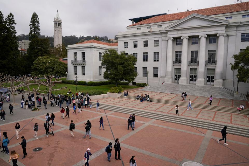 Students walk through Sproul Plaza on the University of California, Berkeley campus on March 29, 2022, in Berkeley, Calif.