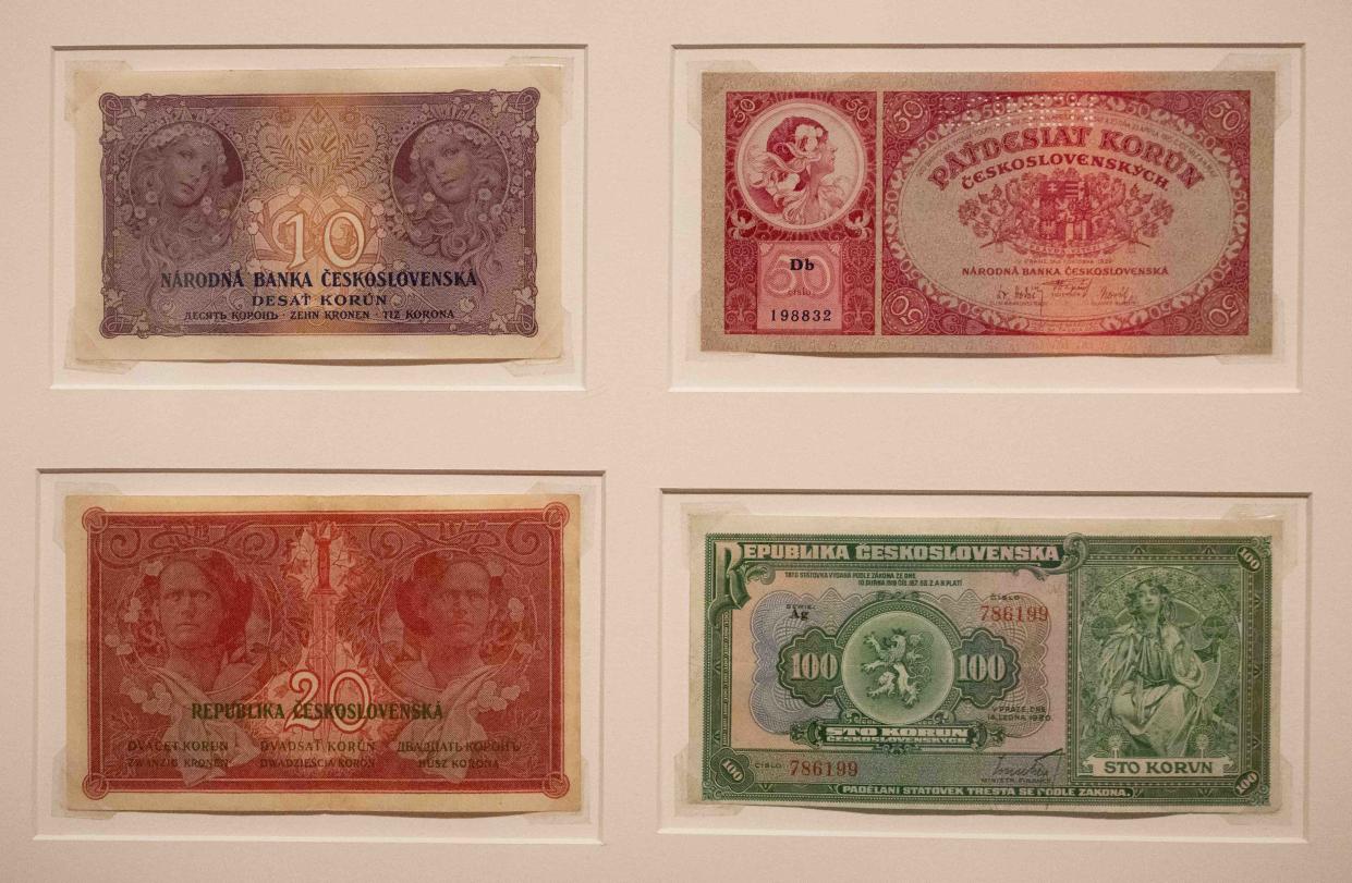 Alphonse Mucha, Czechoslovakian Bank Notes: 10, 20, 50, and 100 koruns, 1919-1929, Color prints on paper Flagler Museum, Winter Exhibition, Alphonse Mucha: Master of Art Nouveau.