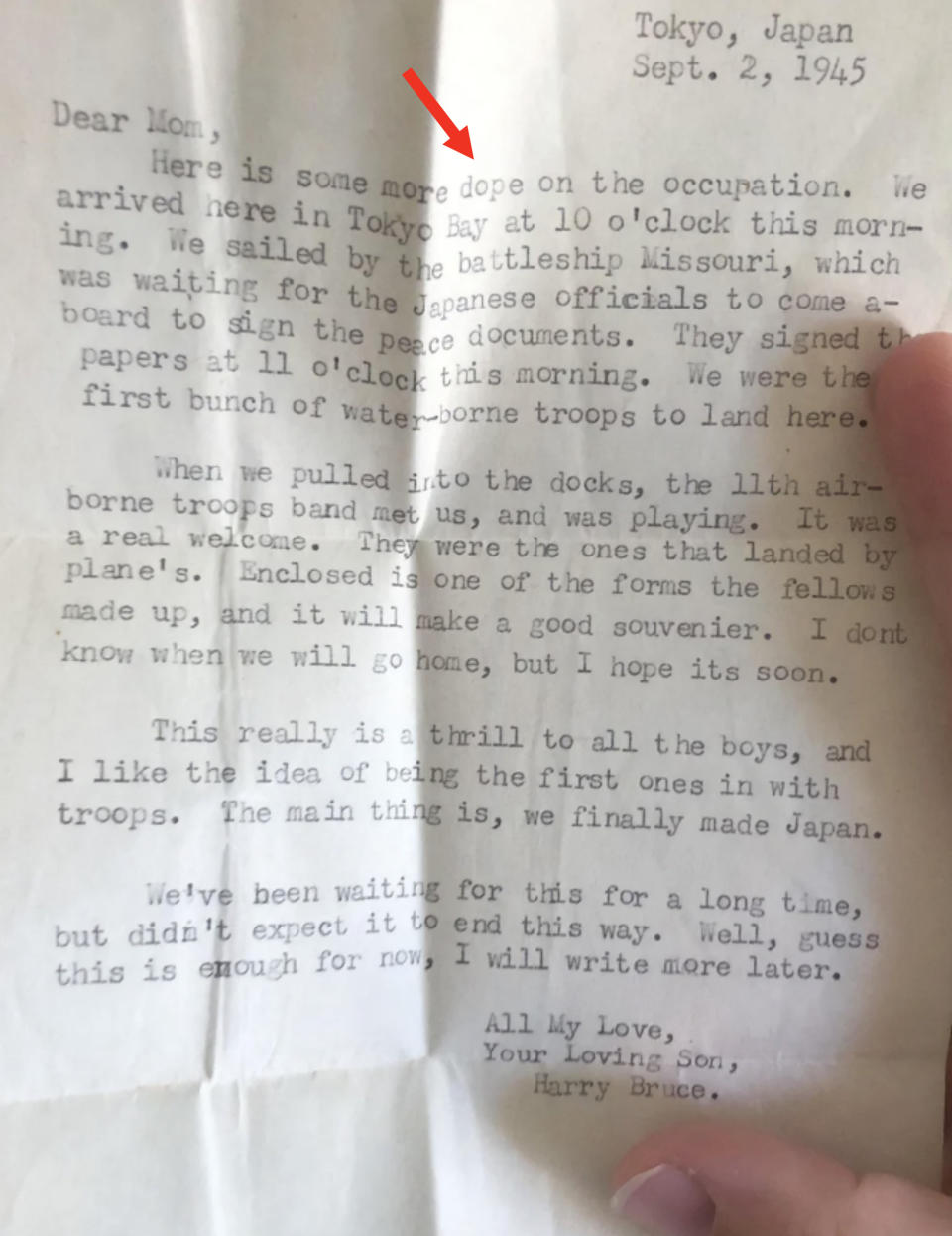 Letter dated September 2, 1945, from Harry Bruce in Tokyo, Japan, to his mom, describing his experiences during the occupation, arrival, and unloading of troops