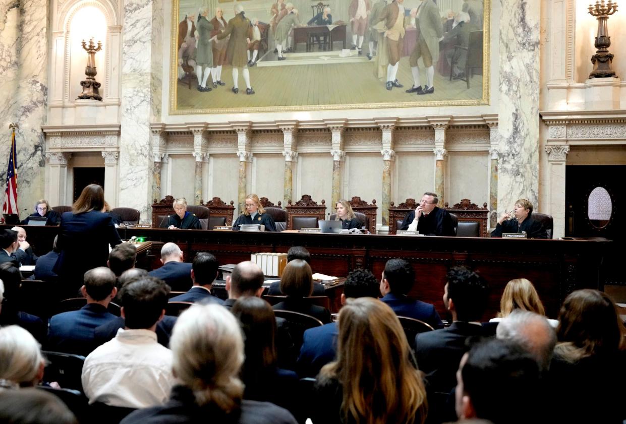 The State Supreme Court hears arguments from Taylor Meehan, a partner with Consovoy McCarthy PLLC in a case challenging Wisconsin's electoral maps at the Wisconsin State Capitol in Madison on Tuesday, Nov. 21, 2023. - Mike De Sisti / Milwaukee Journal Sentinel