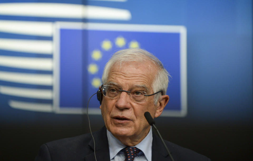 European Union foreign policy chief Josep Borrell speaks during a media conference after a meeting of EU foreign ministers at the European Council building in Brussels, Monday, Feb 22, 2021. (Johanna Geron, Pool via AP)