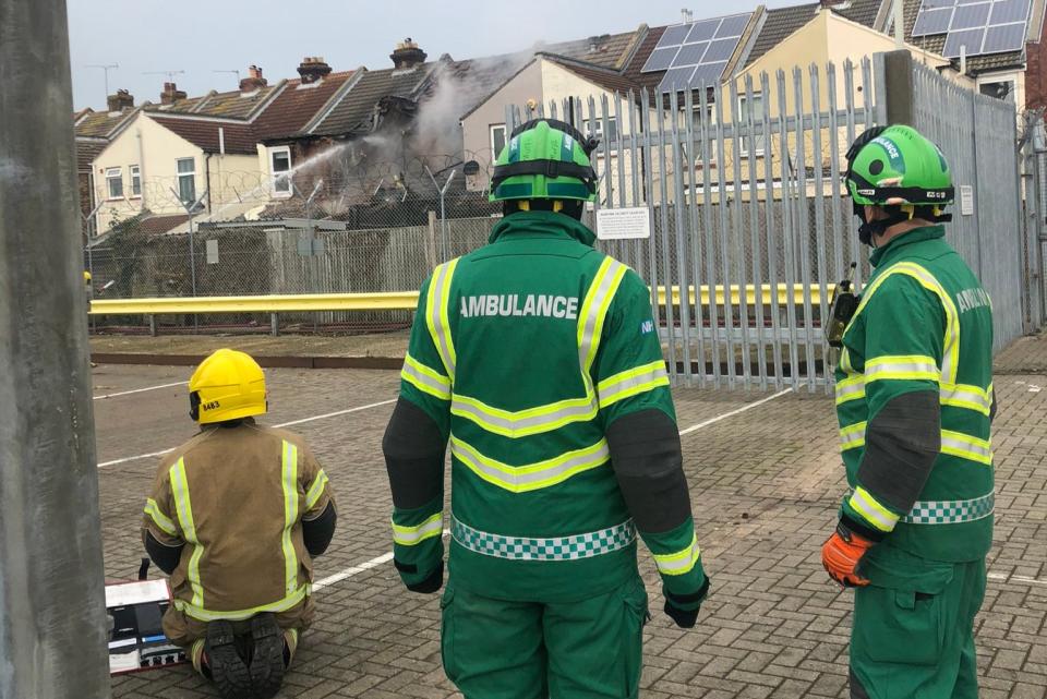 <p>A jet of water could be seen pouring into the gaping hole in the Portsmouth property</p> (@SCAS_HART)