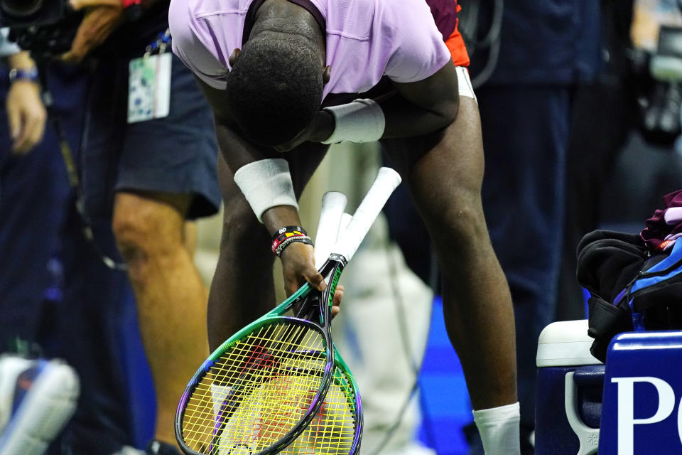 Frances Tiafoe, of the United States, reacts after losing to Carlos Alcaraz, of Spain, in the semifinals of the U.S. Open tennis championships, Friday, Sept. 9, 2022, in New York. (AP Photo/Matt Rourke)