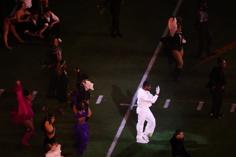LAS VEGAS, NEVADA – FEBRUARY 11: Singer Usher performs on the field during the Apple Music Super Bowl LVIII Halftime Show at Allegiant Stadium on February 11, 2024 in Las Vegas, Nevada. (Photo by Michael Reaves/Getty Images)