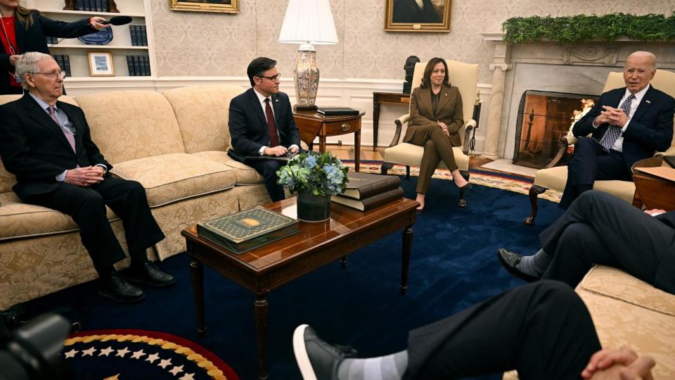 PHOTO: President Joe Biden and Vice President Kamala Harris meet with House Speaker Mike Johnson and Senate Minority Leader Mitch McConnell in the Oval Office of the White House in Washington, DC on February 27, 2024. (Jim Watson/AFP via Getty Images)