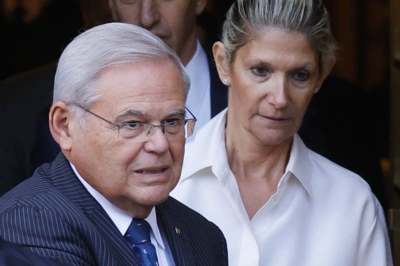 Democratic New Jersey Sen. Robert Menendez exits a New York Federal Court with wife Nadine after pleading not guilty to bribery and extortion charges stemming from his relationship with three New Jersey businessmen, Sept. 2023. File Photo by John Angelillo/UPI