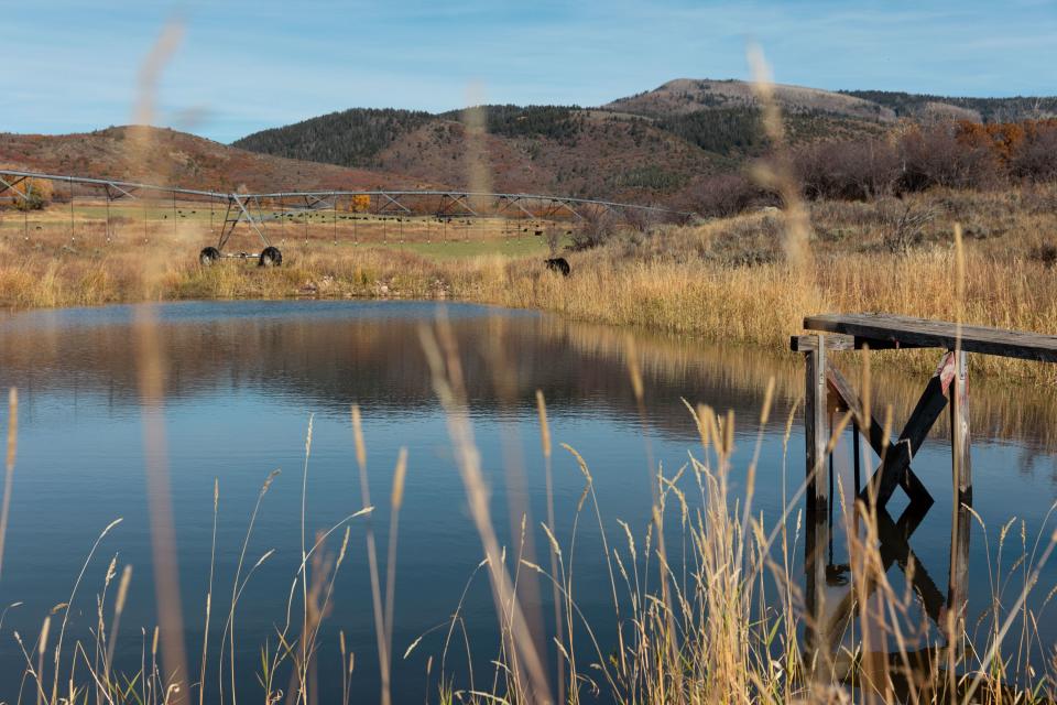 A pivot irrigation system is seen on the other side of a pond at Steven Clyde’s ranch in Kamas on Sunday, Oct. 15, 2023. | Megan Nielsen, Deseret News