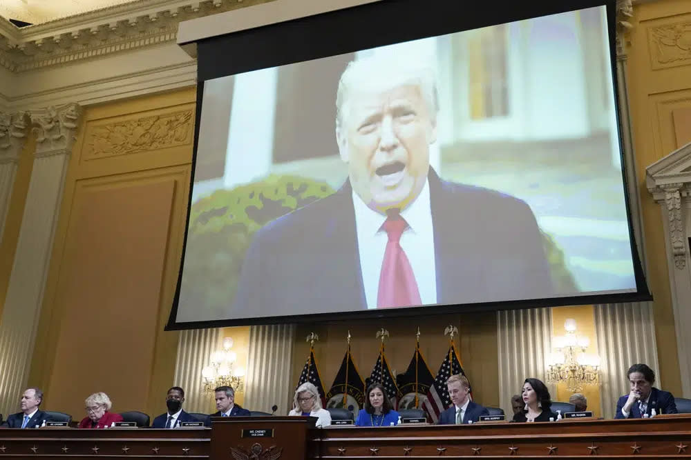 A video of President Donald Trump is shown on a screen, as the House select committee investigating the Jan. 6 attack on the U.S. Capitol holds a hearing at the Capitol in Washington, July 21, 2022. (AP Photo/J. Scott Applewhite, File)