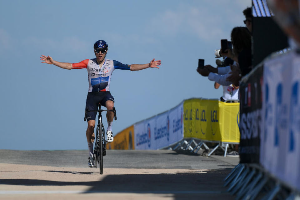 PUY DE DME FRANCE  JULY 09 Michael Woods of Canada and Team IsraelPremier Tech celebrates at finish line as stage winner during the stage nine of the 110th Tour de France 2023 a 1824km stage from SaintLonarddeNoblat to Puy de Dme 1412m  UCIWT  on July 09 2023 in Puy de Dme France Photo by David RamosGetty Images