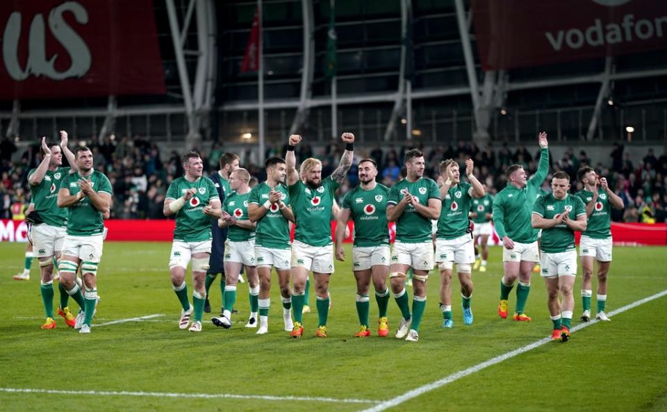 Ireland celebrate their 29-20 Autumn Nations Series victory against New Zealand in Dublin – their seventh straight win (Niall Carson/PA) (PA Wire)