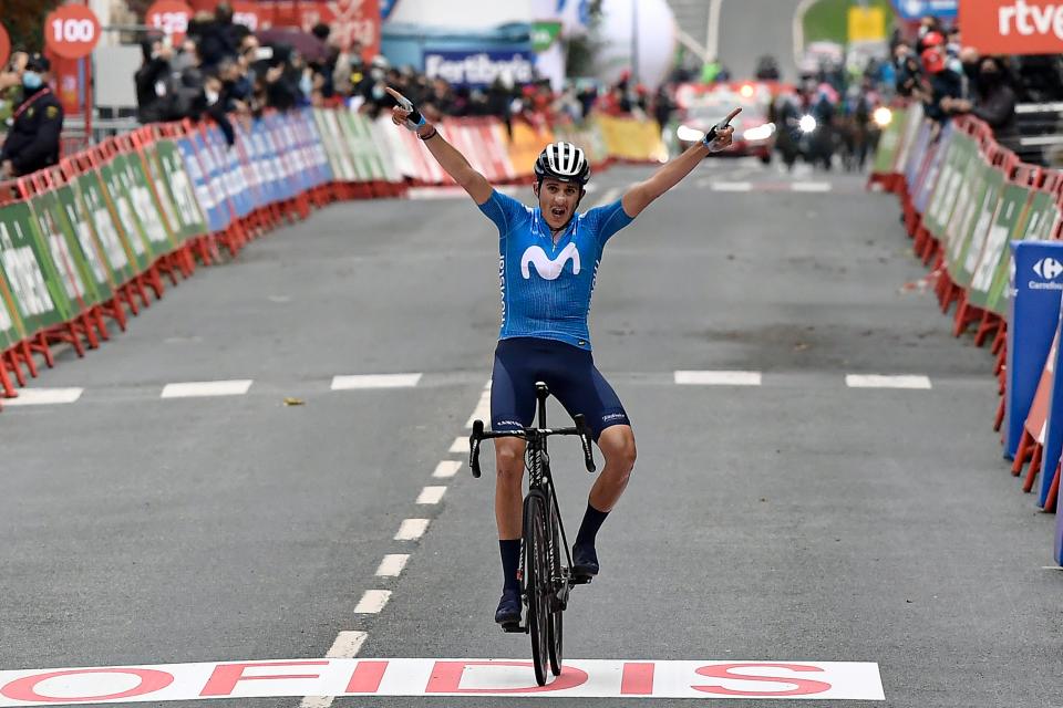 Marc Soler celebrates as he crosses the finish line (AP)