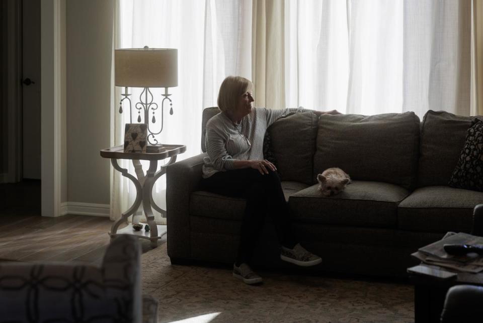 Cheyrl Cohagan, former Gunter City Council member, sits for a portrait in her home in Gunter, TX on January 11, 2024. Cohagan and her fellow council members resigned following a dispute between the council and town residents over the council’s approval of a BNSF logistic center project, and she says the stress from the experience led to health issues. Cohagan has lived in Gunter for 44 years, and was a city council member for the city for 6 years.