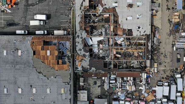 PHOTO: An aerial image shows damage to the roofs of industrial buildings from a tornado during a winter storm in Montebello, a city in Los Angeles County, Calif., on March 23, 2023. (Patrick T. Fallon/AFP via Getty Images)