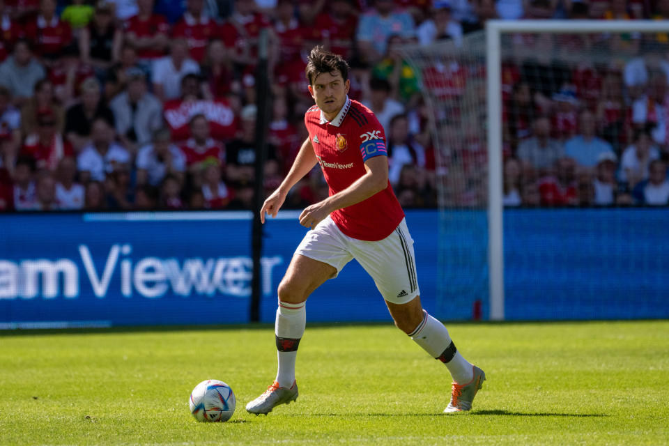 OSLO, NORWAY - JULY 30: Harry Maguire of Manchester United in action during the pre-season friendly match between Manchester United and Atletico Madrid at Ullevaal Stadion on July 30, 2022 in Oslo, Norway. (Photo by Ash Donelon/Manchester United via Getty Images)