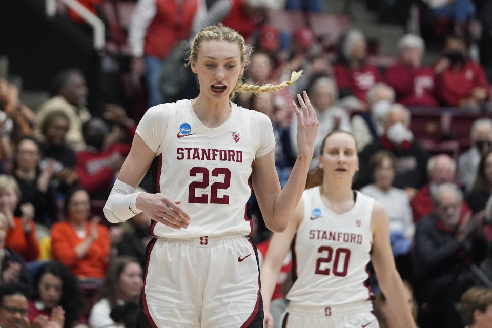 Stanford forward Cameron Brink (22) reacts during the second half of the team's first-round college basketball game against Norfolk State in the women's NCAA Tournament in Stanford, Calif., Friday, March 22, 2024. (AP Photo/Godofredo A. Vásquez)