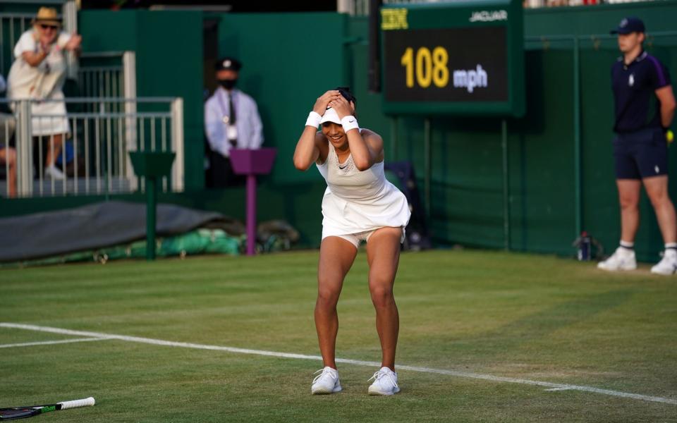Raducanu celebrates after her second round win over Marketa Vondrousova - PA
