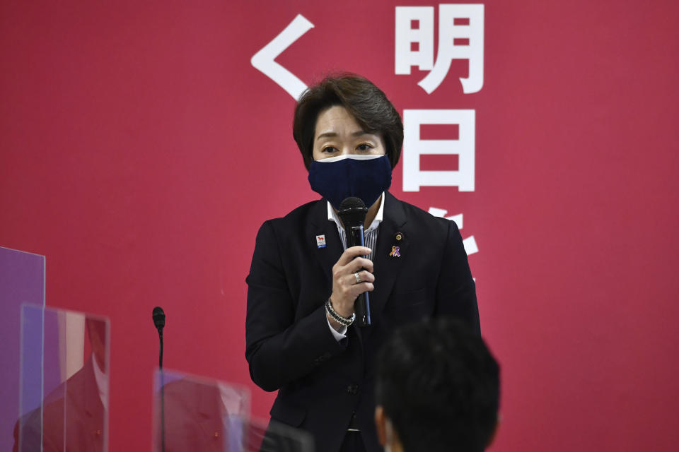 Japan's Olympics Minister Seiko Hashimoto delivers a speech at a beginning of a meeting on the preparation or the Tokyo Olympics and Paralympics, at the Liberal Democratic Party (LDP) headquarters in Tokyo Tuesday, Feb. 2, 2021. (Kazuhiro Nogi/Pool Photo via AP)