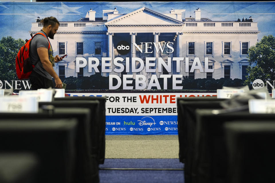 Signage at the media filing center ahead of tomorrow's presidential debate between Republican presidential candidate former President Donald Trump and Democratic presidential nominee Vice President Kamala Harris, Monday, Sept. 9, 2024, in Philadelphia. (AP Photo/Pablo Martinez Monsivais)