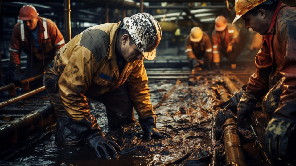 A crew of workers drilling down into the earth in search of new petroleum resources.