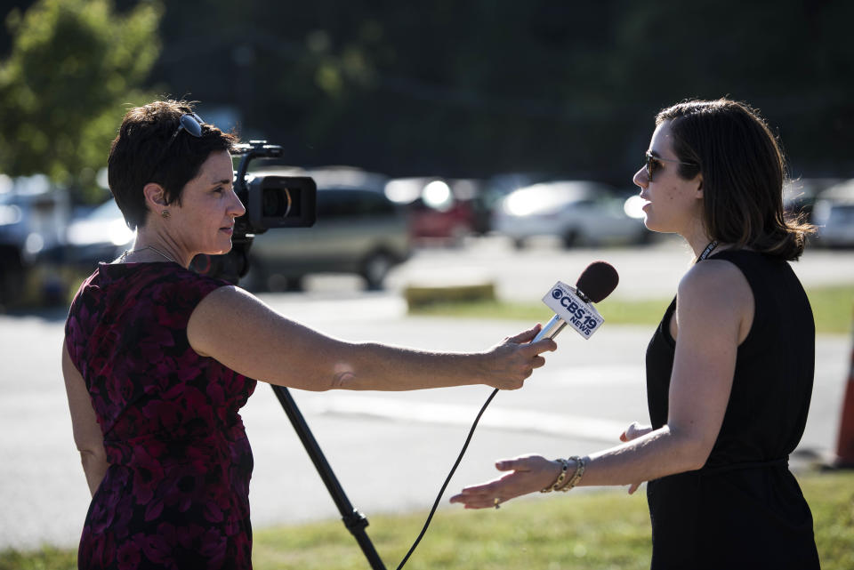 Robyn Malcolm is interviewed by CBS 19 during HuffPost's visit to IX Art Park in Charlottesville.