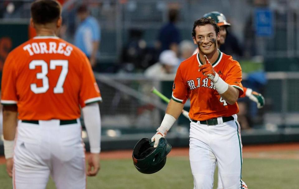 Miami Hurricanes infielder Blake Cyr (4) gestures after his second home run against the North Carolina at Alex Rodriguez Park at Mark Light Field on campus in Coral Gables, Florida on Friday, March 15, 2024.