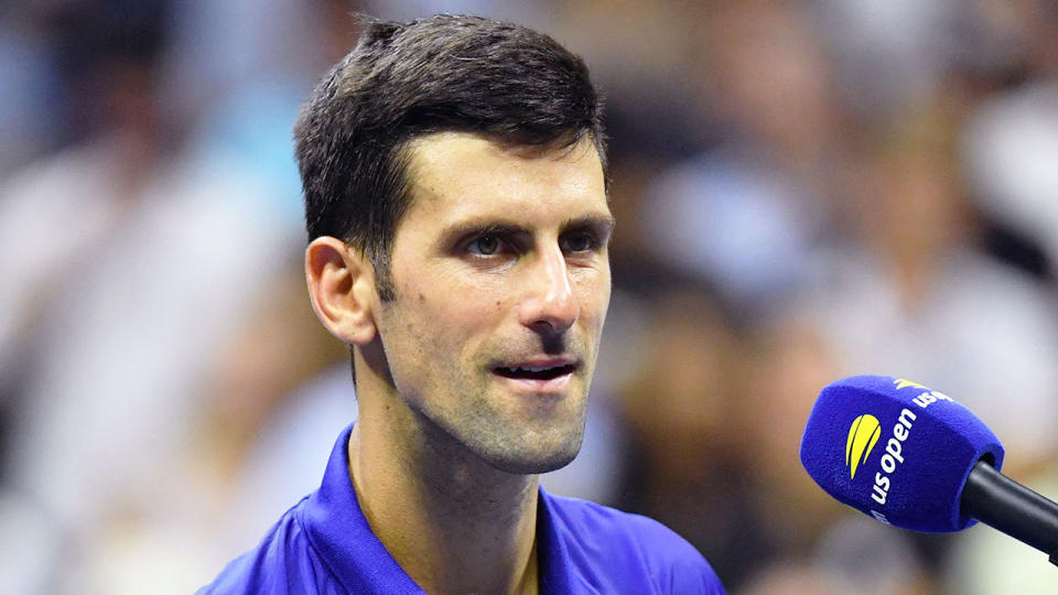 Pictured here, Novak Djokovic speaks after his first round win at the US Open. 