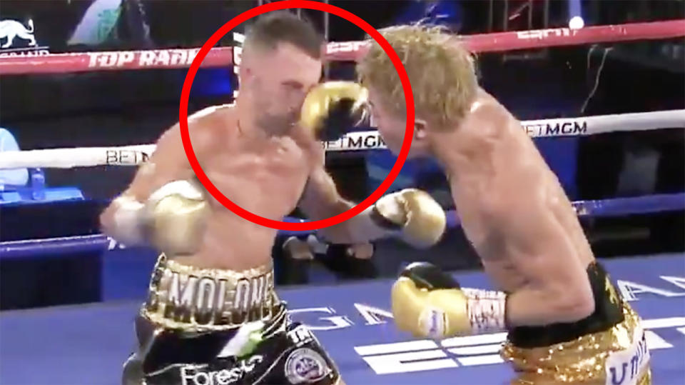 Australian boxer Jason Moloney was brutally felled by this right hand shot from Japanese rival Naoya Inoue in their championship bout. Picture: Top Rank Boxing