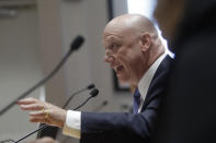 Pacific Gas and Electric Company (PG&E) President and CEO Andy Vesey speaks during a California Public Utilities Commission meeting in San Francisco, Friday, Oct. 18, 2019. (AP Photo/Jeff Chiu)