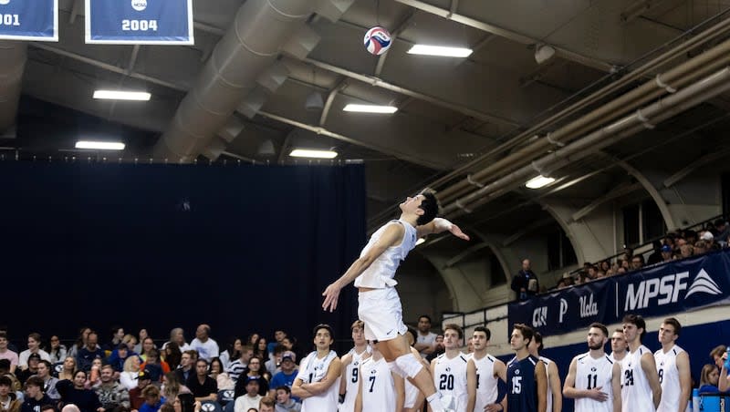 Brigham Young Cougars outside hitter Luke Benson (1) serves the ball during a game against the Grand Canyon Antelopes at the George Albert Smith Fieldhouse at BYU in Provo on Friday, Feb. 16, 2024.