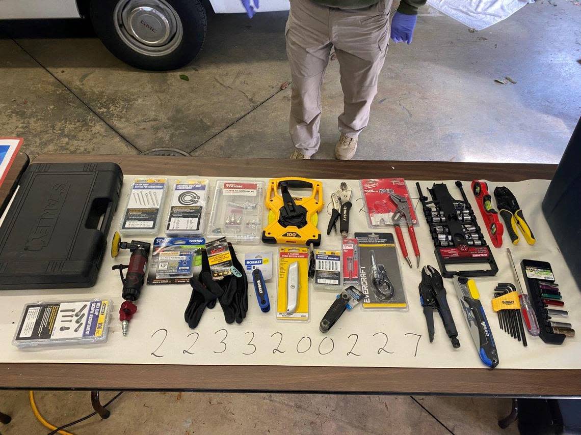 Investigators served a search warrant at a Port Orchard home Feb. 22, 2023 as part of their investigation into a series of commercial burglaries in recent months in Gig Harbor and elsewhere in Western Washington. The tools pictured are some of the goods they believe were taken from Gig Harbor businesses.