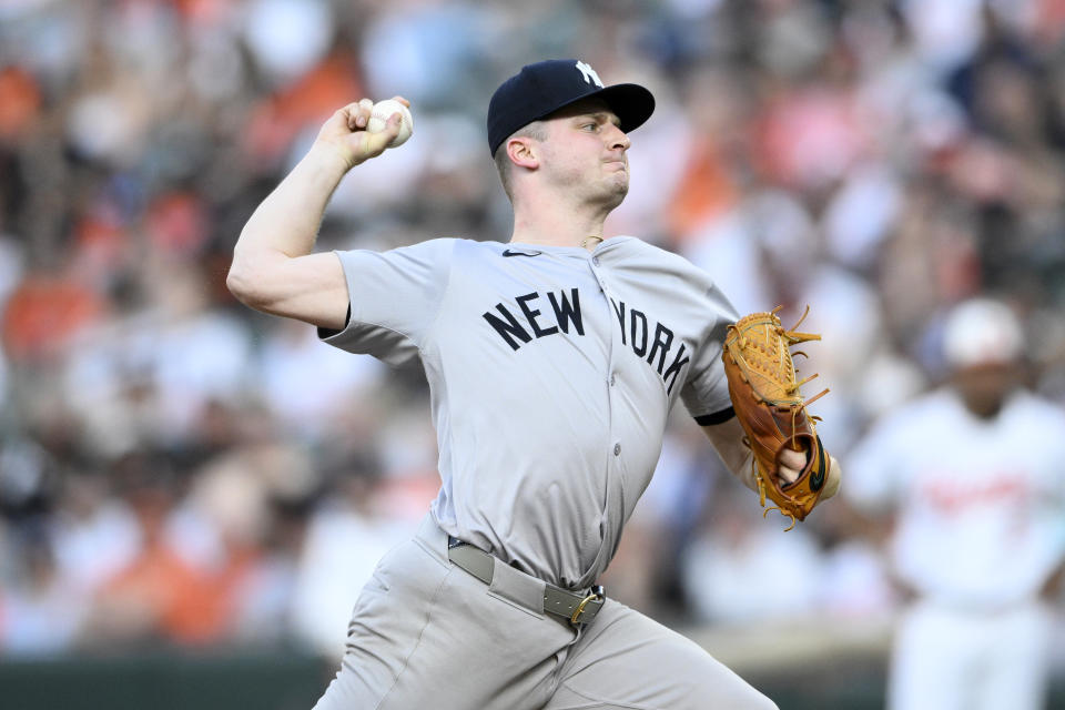 New York Yankees starting pitcher Clarke Schmidt throws during the second inning of a baseball game against the Baltimore Orioles, Monday, April 29, 2024, in Baltimore. (AP Photo/Nick Wass)