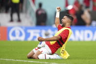 Morocco defender Achraf Hakimi (2) celebrates after Morocco defeated Canada in a group F World Cup soccer match at the Al Thumama Stadium in Doha, Qatar on Thursday, Dec. 1, 2022. (Nathan Denette/The Canadian Press via AP)