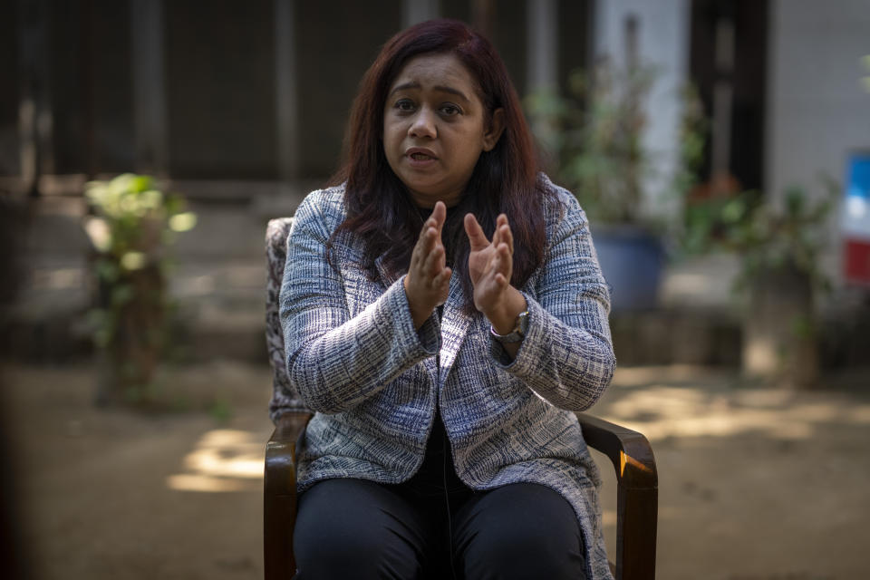 Sanjida, coordinator of Mayer Daak, or Mother's Call, a platform founded by her mother for family members of victims of enforced disappearances in Bangladesh, speaks to the Associated Press at her residence cum office in Dhaka, Bangladesh, Thursday, Jan. 4, 2024. Tulee's brother Sajedul Islam, an opposition BNP local politician, has been missing for over 10 years. His family say he was picked up by agents of Bangladesh's Rapid Action Battalion, a special security force unit, on 4 Dec. 2013, just days before the 2014 general election. (AP Photo/Altaf Qadri)