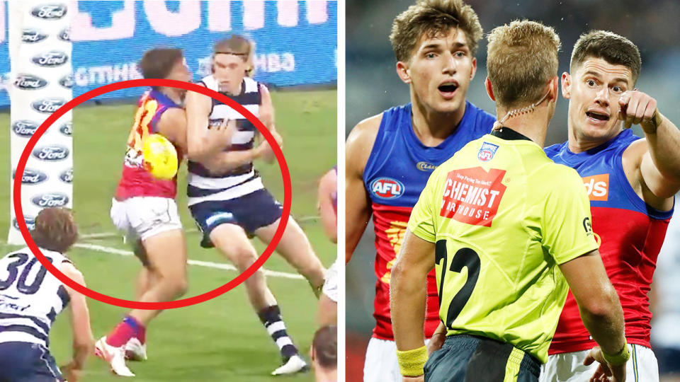 Lions' Zac Bailey tackles Mark Blivacs (pictured left) and Lions players arguing after the incident (pictured right).