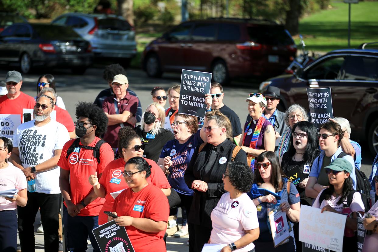 Groups gather Thursday at the Oregon Capitol to demand Republican senators end their walkout.