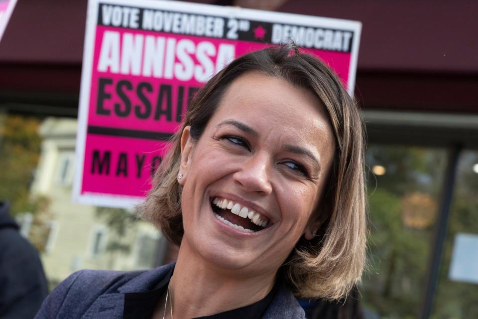 Boston mayoral candidate Annissa Essaibi George campaigns in the Mattapan neighborhood in this Oct. 23, 2021, file photo. She is running against Michelle Wu in the historic election in a city that's only elected white men as mayor.