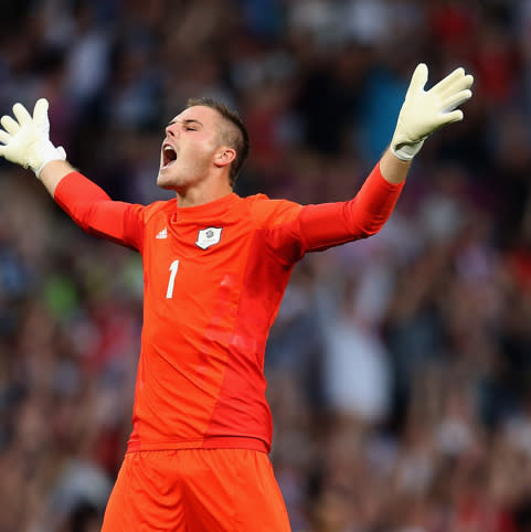 MANCHESTER, ENGLAND - JULY 26: Jack Butland of Great Britain celebrates his teams first goal during the Men's Football first round Group A Match of the London 2012 Olympic Games between Great Britain and Senegal, at Old Trafford on July 26, 2012 in Manchester, England. (Photo by Julian Finney/Getty Images)