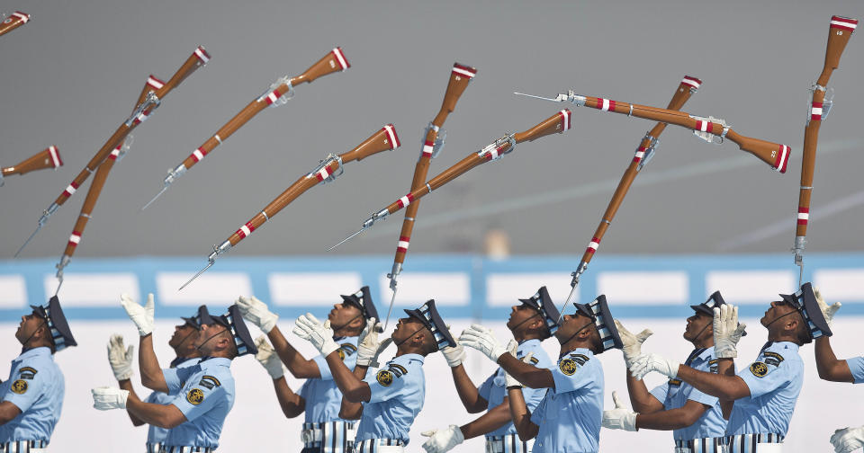 In this Thursday, Nov. 29, 2018, file photo, Indian Air force personnel perform a drill during the President's Standard and Colour Presentation to the IAF Number 118 helicopter unit and air defense college, at Air Force Station in Gauhati, India. (AP Photo/Anupam Nath, File)