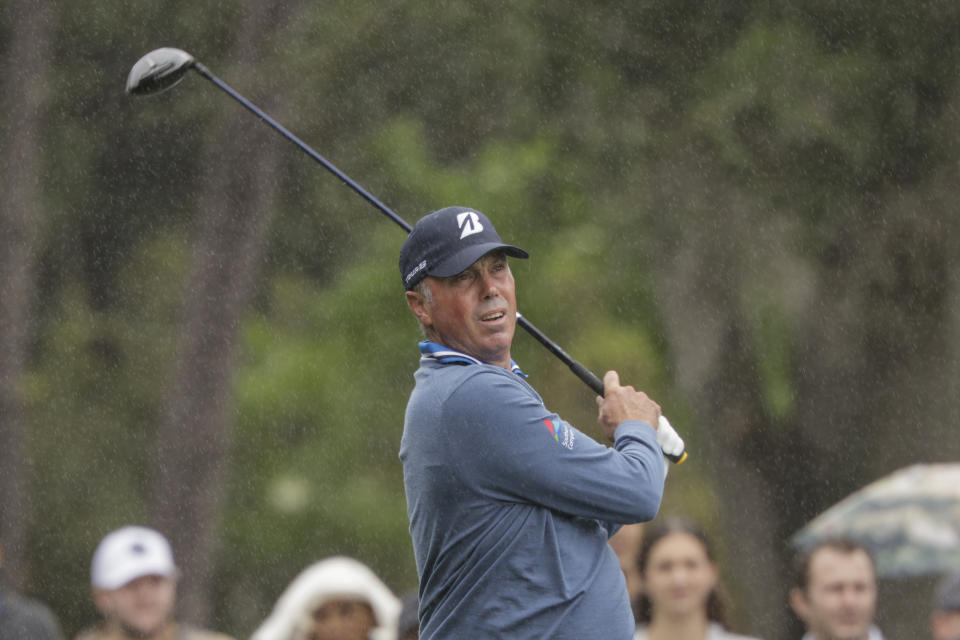 Matt Kuchar tees off during the final round of the PNC Championship golf tournament Sunday, Dec. 17, 2023, in Orlando, Fla. (AP Photo/Kevin Kolczynski)