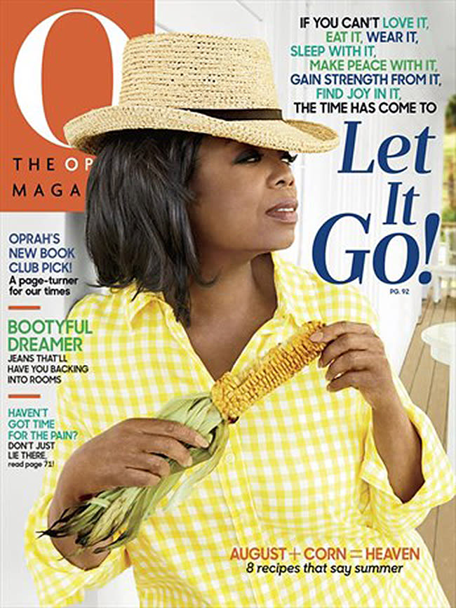 Oprah living her best life in yellow gingham with matching corn. (Photo: The Oprah Magazine)