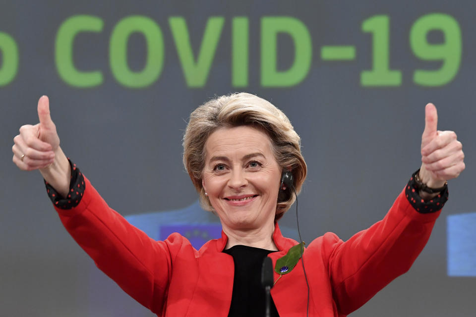 European Commission President Ursula von der Leyen gestures after participating in a media conference on the Commissions response to COVID-19 after a meeting of the College of Commissioners at EU headquarters in Brussels, Wednesday, March 17, 2021. The European Commission is proposing Wednesday to create a Digital Green Certificate to facilitate safe free movement inside the EU during the COVID-19 pandemic. (John Thys, Pool via AP)