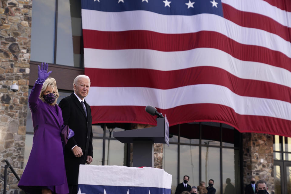 President-elect Joe Biden stands with his wife Jill Biden after speaking at the Major Joseph R. "Beau" Biden III National Guard/Reserve Center, Tuesday, Jan. 19, 2021, in New Castle, Del. (AP Photo/Evan Vucci)