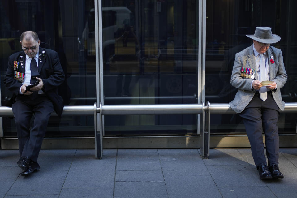 Veterans wait to march in the Anzac Day parade in the central business district of Sydney, Australia, Thursday, April 25, 2024. (AP Photo/Mark Baker)