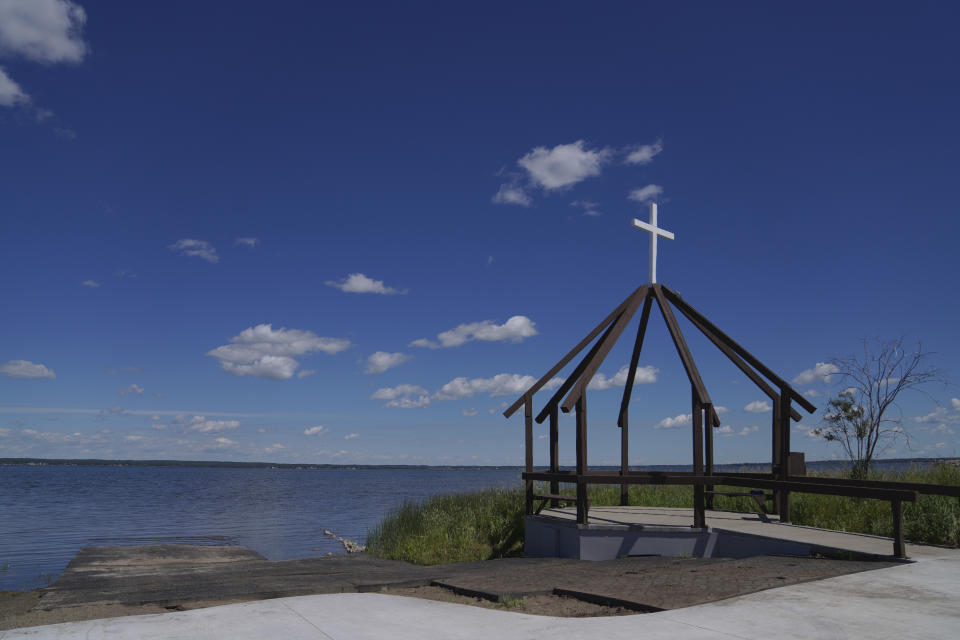 The Lac Ste. Anne pilgrimage site in Alberta on Wednesday, July 20, 2022. Pope Francis is scheduled to make a pilgrimage to the water during his visit to the Canadian province. (AP Photo/Jessie Wardarski)